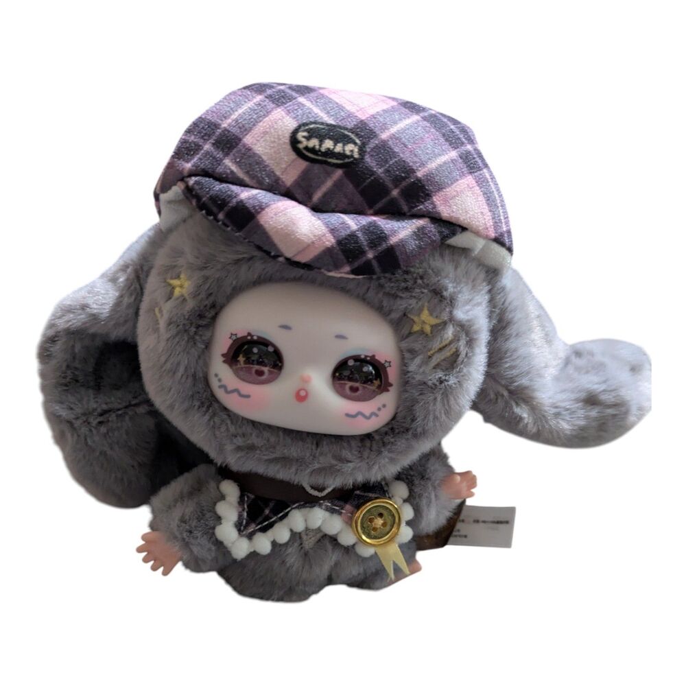 Samuel Plush Keychain Doll Gray Bunny Outfit Plaid Hat Kawaii
